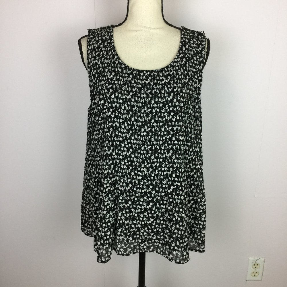 Pleione Pleated Swing Tank Top Blouse Sz M Womans Black Floral Sleeveless Lined
